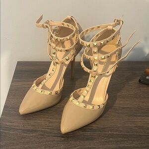 Wild Diva Gold Studded Tan Heels